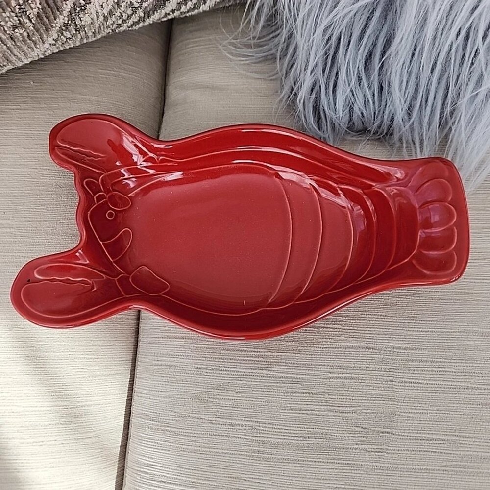 Chantal Red Glazed Stoneware Lobster Dish 9 1/2" x 5" Nautical Coastal